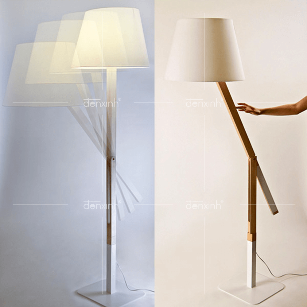 Đèn đứng chân gỗ gục đầu đế sắt vuông trắng