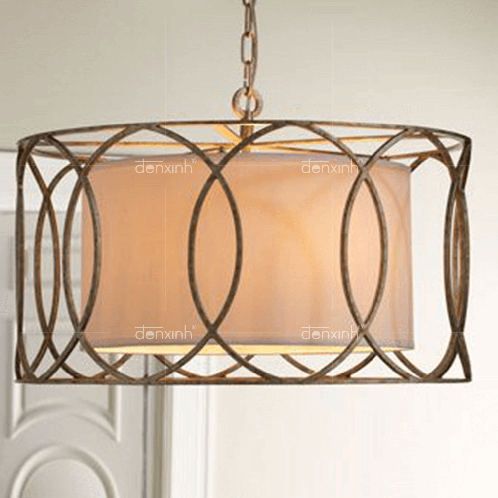 Đèn thả tròn hai lồng sắt uống cánh hoa